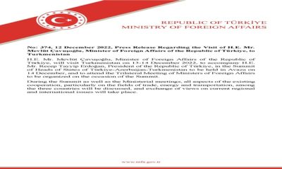 Press Release Regarding the Visit of H.E. Mr. Mevlüt Çavuşoğlu, Minister of Foreign Affairs of the Republic of Türkiye, to Turkmenistan